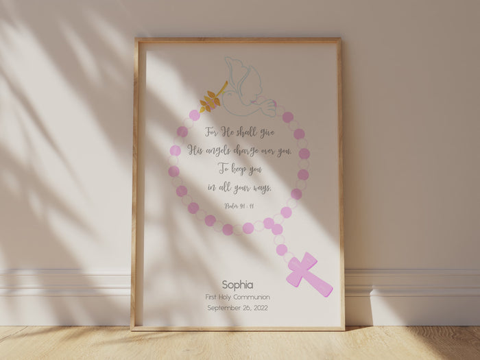 Rosary Beads Psalm 91 Wall Art Communion Print, First Holy Communion Gifts for Girls, Personalised Holy Communion print with Psalm 91 scripture