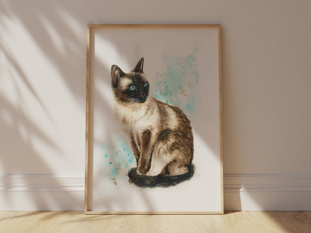 Thoughtful cat lover gift: Siamese cat watercolour print, Almond-eyed Siamese cat decor for a stylish home, Unique Cat Decor