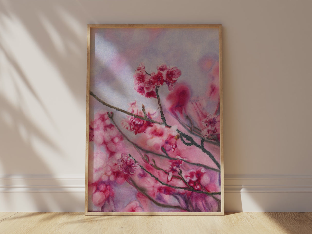 Cherry Blossom Wall Art, Pink And Blue Calming Living Room Print, Spring Floral Art Feminine Bedroom Decor