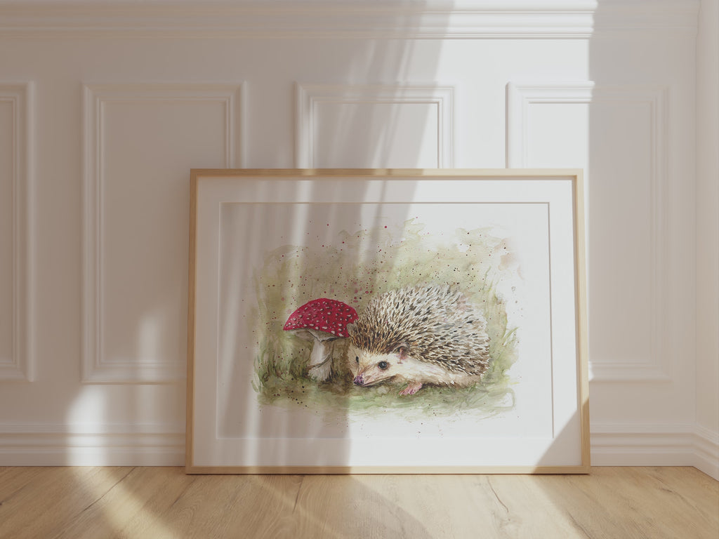 Dreamy Hedgehog and Toadstool Watercolor Illustration, Mystical Woodland Creatures Art Collection, Enchanting Forest Animal Watercolor Prints