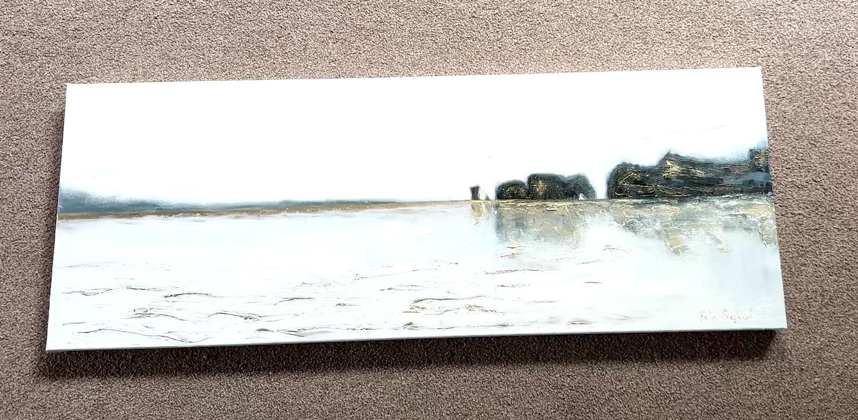 Textured oil painting of Old Harry Rocks with deep blues and browns, and glimmering gold details.