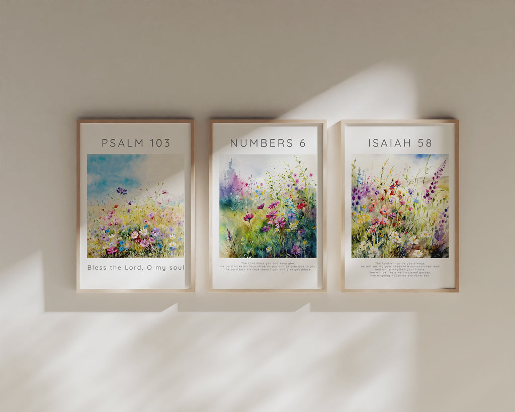 Flower Garden Christian Home Print Set, Modern Art Christian Shops, Wildflower meadow Bible verse art trio triptych