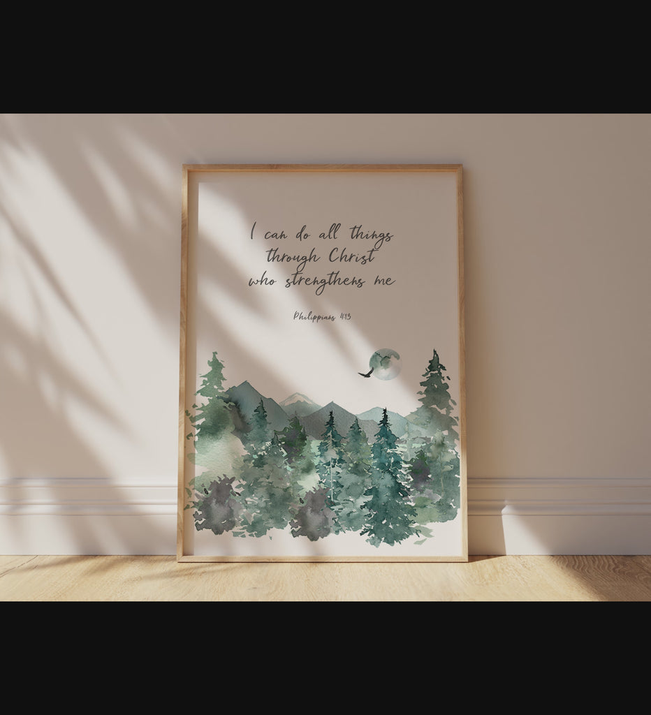 Philippians 4:13 Wall Decor Forest Watercolour, Faith Strengthening Mountain Artwork Bible Verse, Nature-Inspired Faith Quote