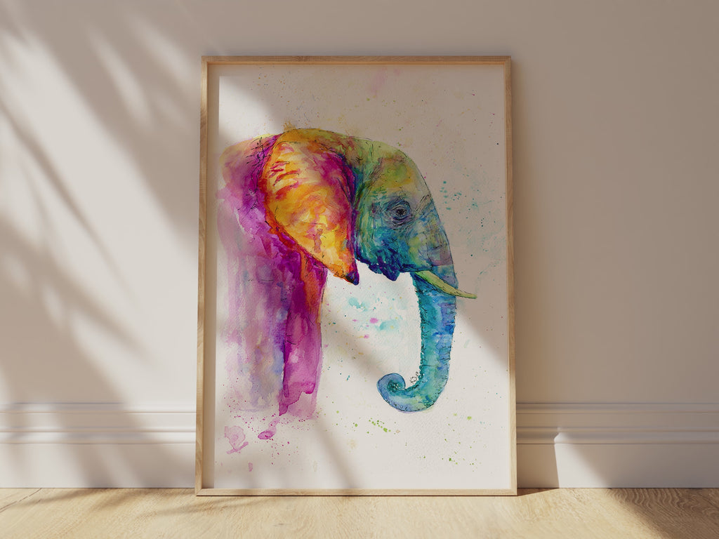 Rainbow elephant artwork for sale, Whimsical elephant watercolor print, Unique hand-painted rainbow elephant, Colorful elephant