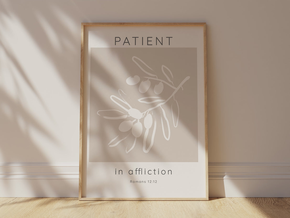 Faith-Inspired Beige White Wall Print, Olive Branch Bible Verse Wall Art, Patience in Affliction Verse Wall Art