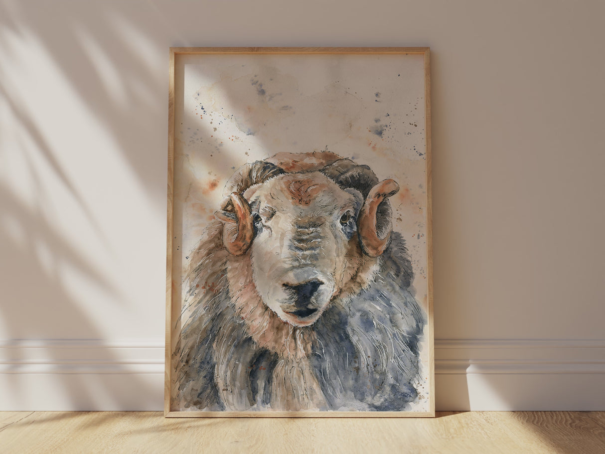 Ram Art Print Farm House Decor Rustic Country Kitchen Wall Art Print, Loose watercolour Herdwick sheep head print