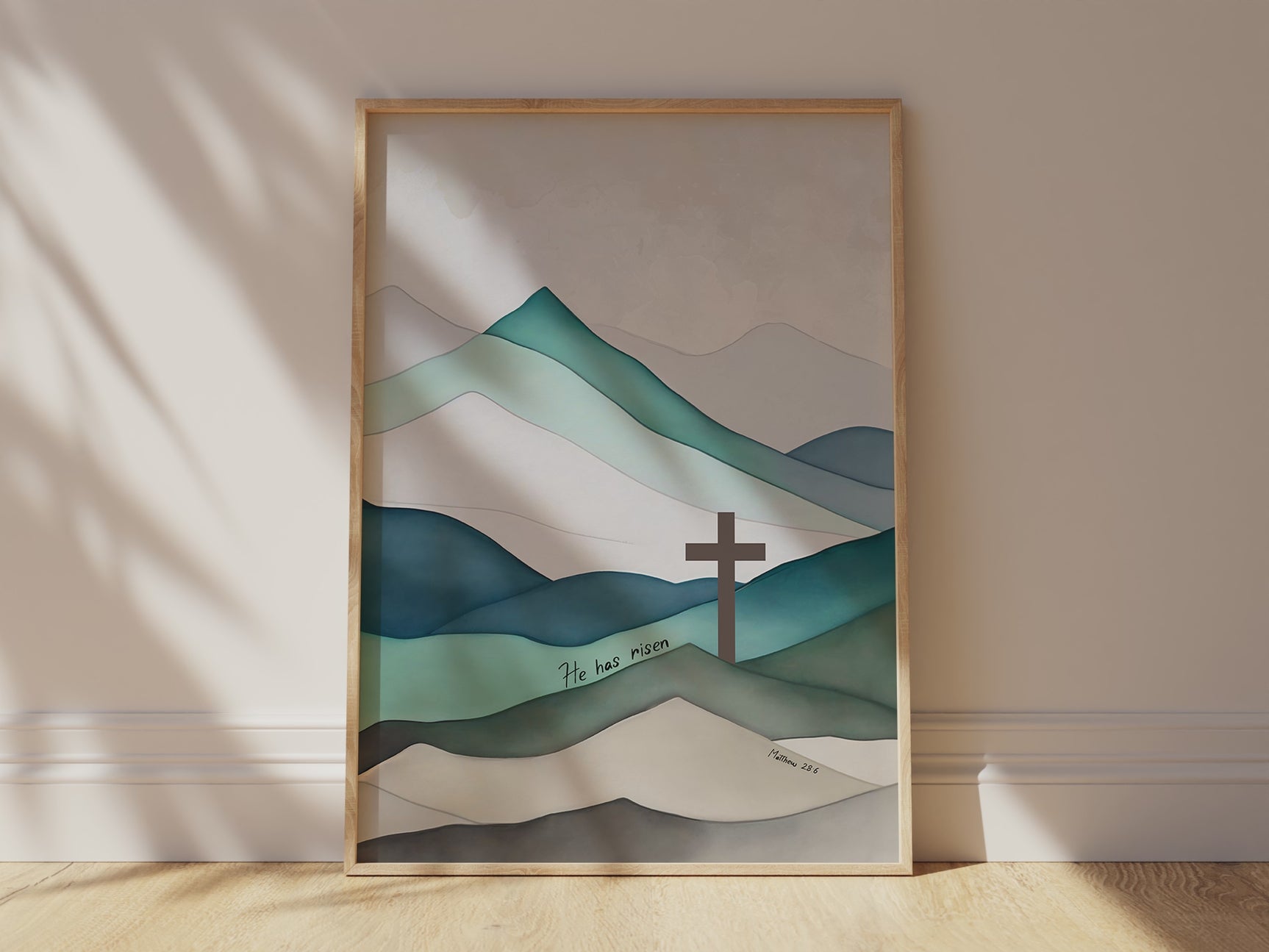 He Has Risen Christian artwork, Easter cross and mountain decor, Majestic mountain cross wall print, Faith-inspired Jesus Cross decor