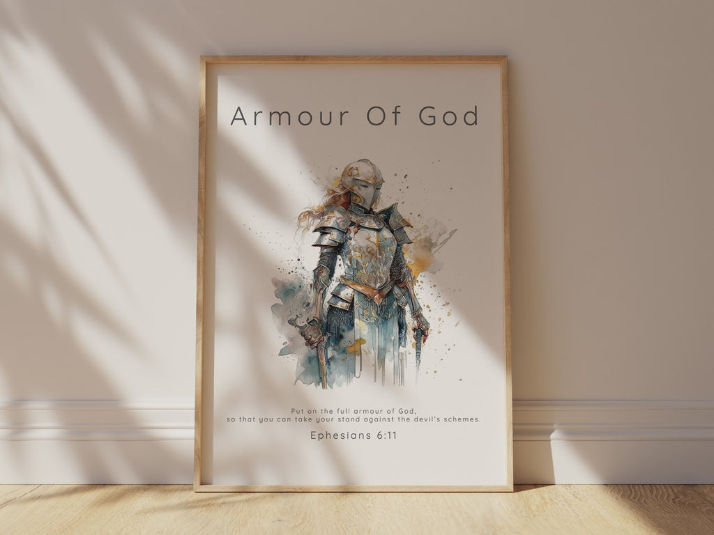 Christian gift for strength and grace, Biblical verse art with female warrior, Inspirational Armour of God artwork for girls