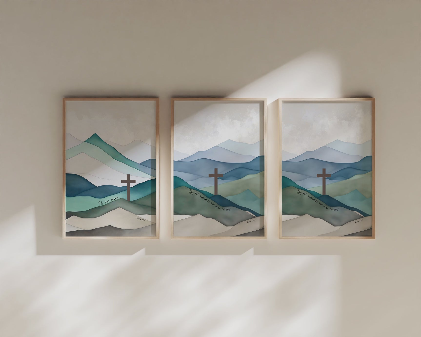 Inspirational scripture art trio, Watercolor hills with Easter, healing, and guidance verses, Mountain-themed scripture triptych set