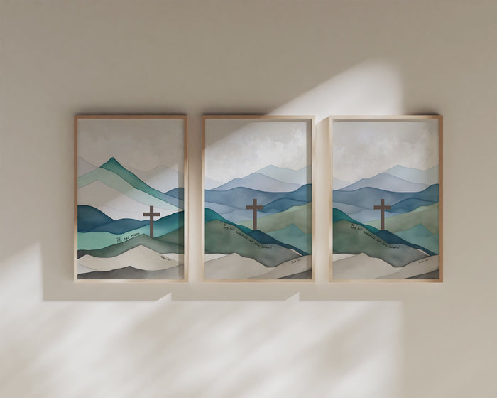 Inspirational scripture art trio, Watercolor hills with Easter, healing, and guidance verses, Mountain-themed scripture triptych set