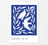 Isaiah 40:31 Bible verse prints - Graceful white birds with leaves on dark blue background, inspiring 'soar on wings like eagles' quote.