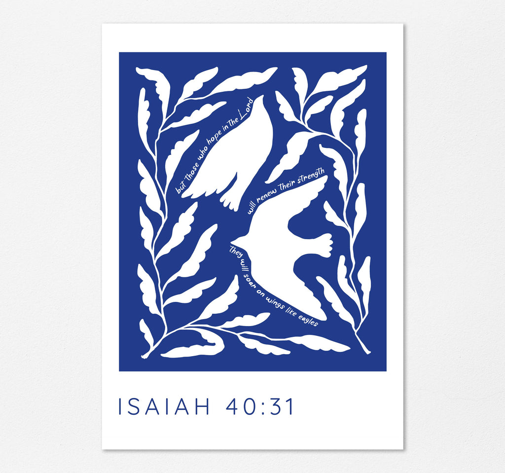 Isaiah 40:31 Bible verse prints - Graceful white birds with leaves on dark blue background, inspiring 'soar on wings like eagles' quote.