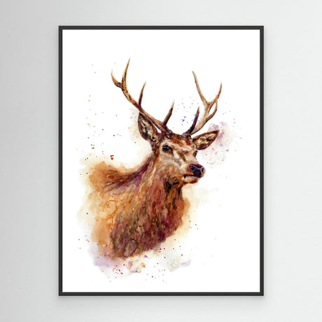 'Monarch of the Glen' - Deer print wall art canvas hung in a cottage hallway, warm russet and amber tones, rustic home decor by Crafty Cow Design.