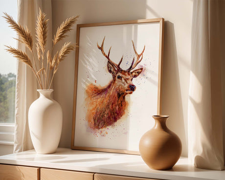 Elegant deer art print in soft watercolours, showcasing the regal beauty of a stag.