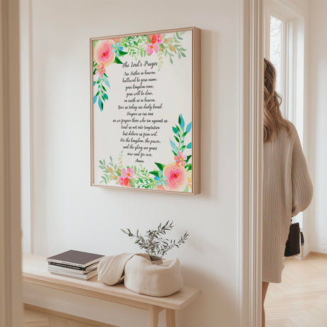 The Lord's Prayer Floral Wall Art Print, Contemporary Or Traditional Wording Options, Elegant Christian Decor With Delicate Botanical Design
