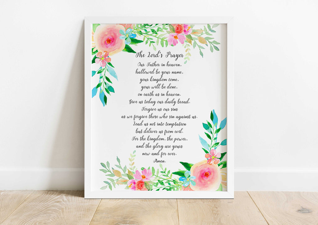 Graceful Floral Print with the Lord's Prayer, Modern Typography for Faithful Interiors.