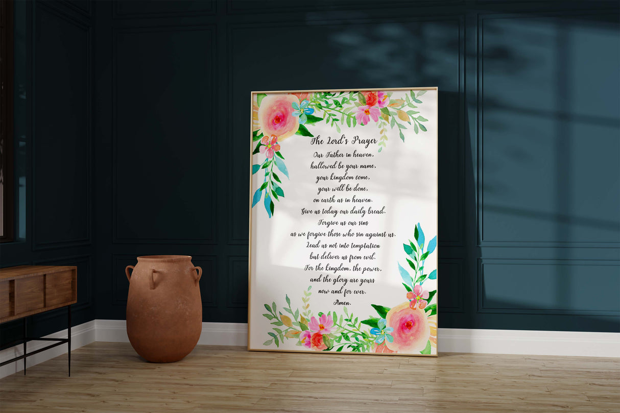 Floral Elegance Meets Spirituality in Contemporary Lord's Prayer Art Print.