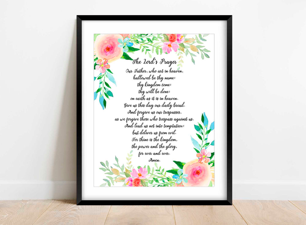 A divine touch to your walls: Lord's Prayer print with traditional wording, embraced by florals and leaves in various sizes
