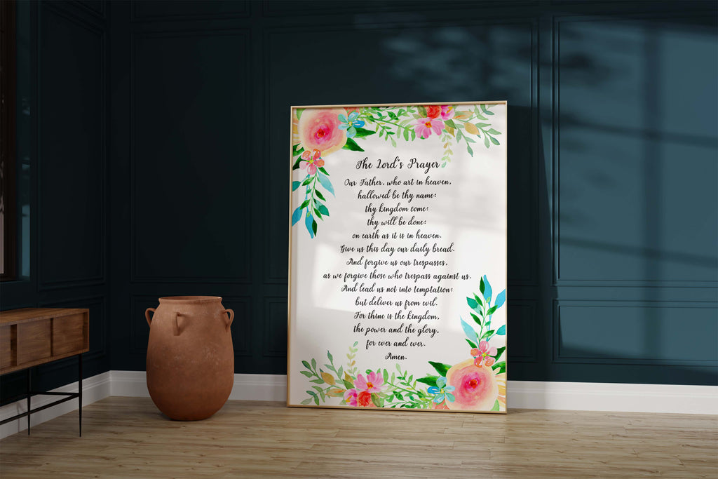 Timeless elegance: Lord's Prayer art, old-style wording, delicately framed with florals and leaves, offered in diverse sizes
