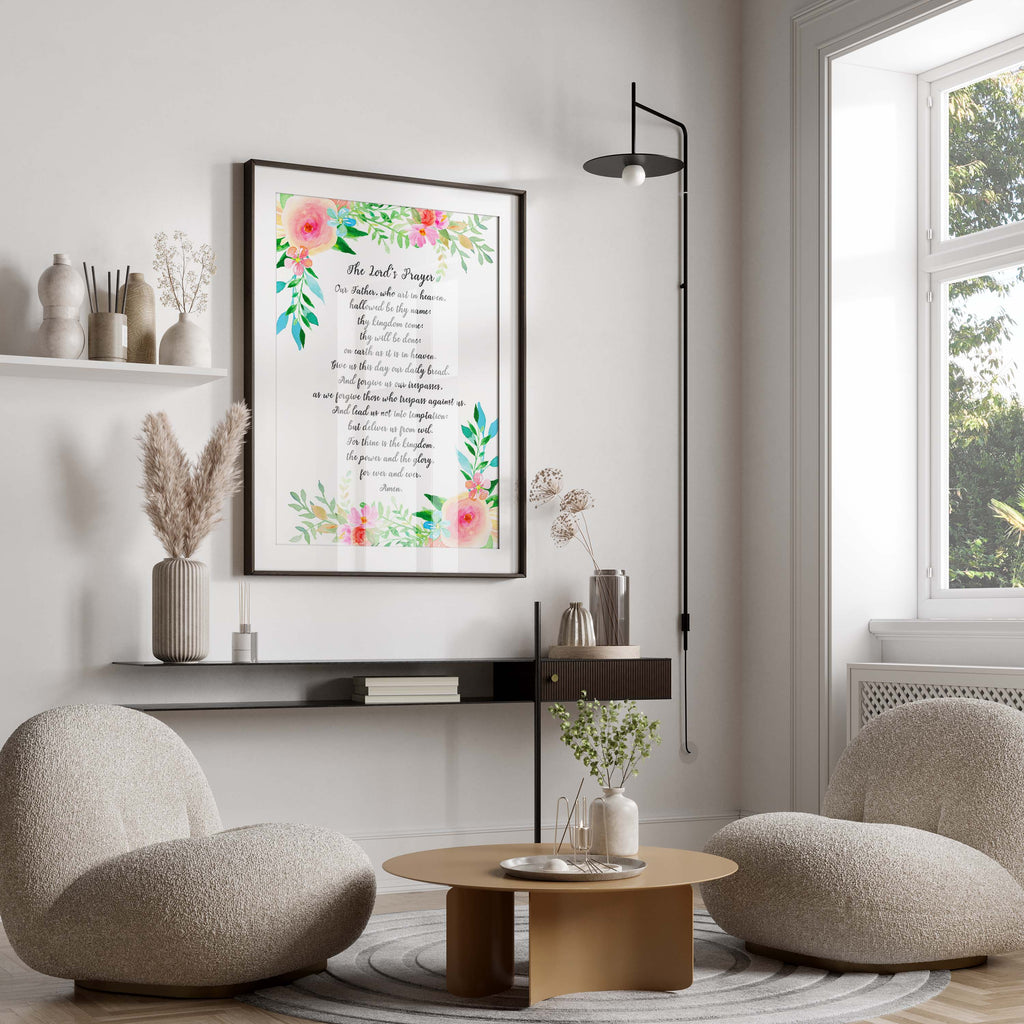 Graceful old-style Lord's Prayer art, encircled by florals and leaves, a timeless masterpiece in multiple sizes for your sanctuary