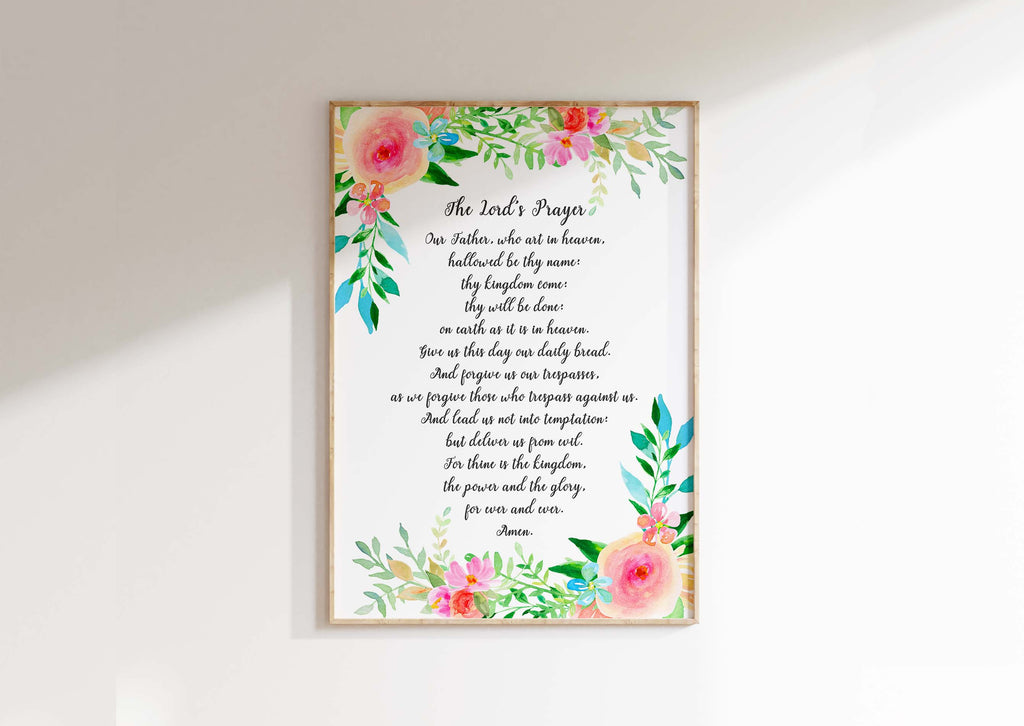 Enhance your space with a captivating Lord's Prayer artwork, surrounded by florals and leaves, available in multiple sizes