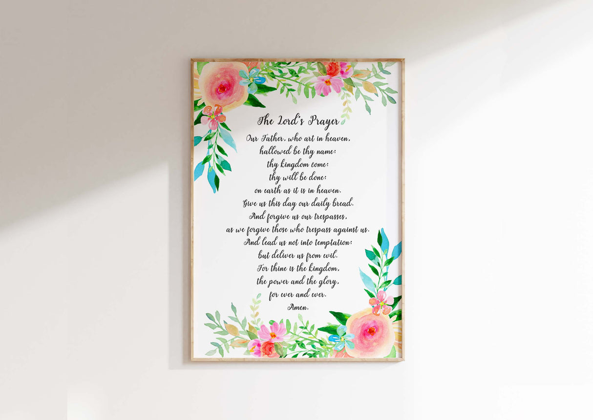 The Lord's Prayer Floral Wall Art Print, Contemporary Or Traditional Wording Options, Elegant Christian Decor With Delicate Botanical Design