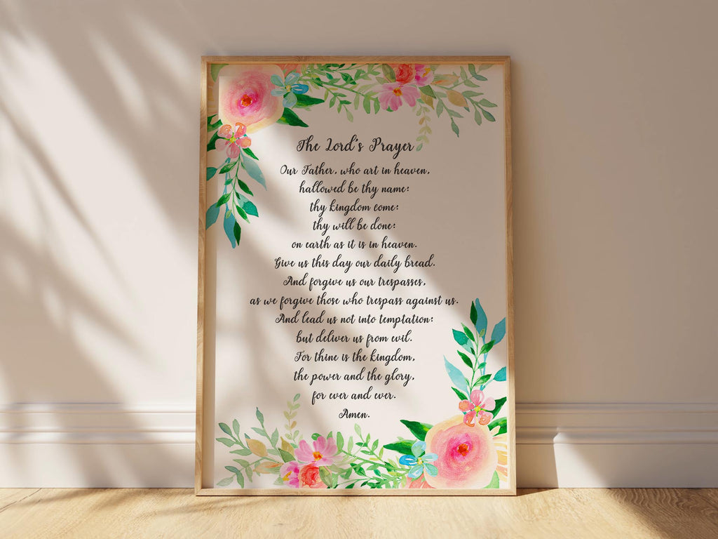 Nurture your spirituality with an exquisite Lord's Prayer print, featuring traditional wording, florals, and leaves in many sizes