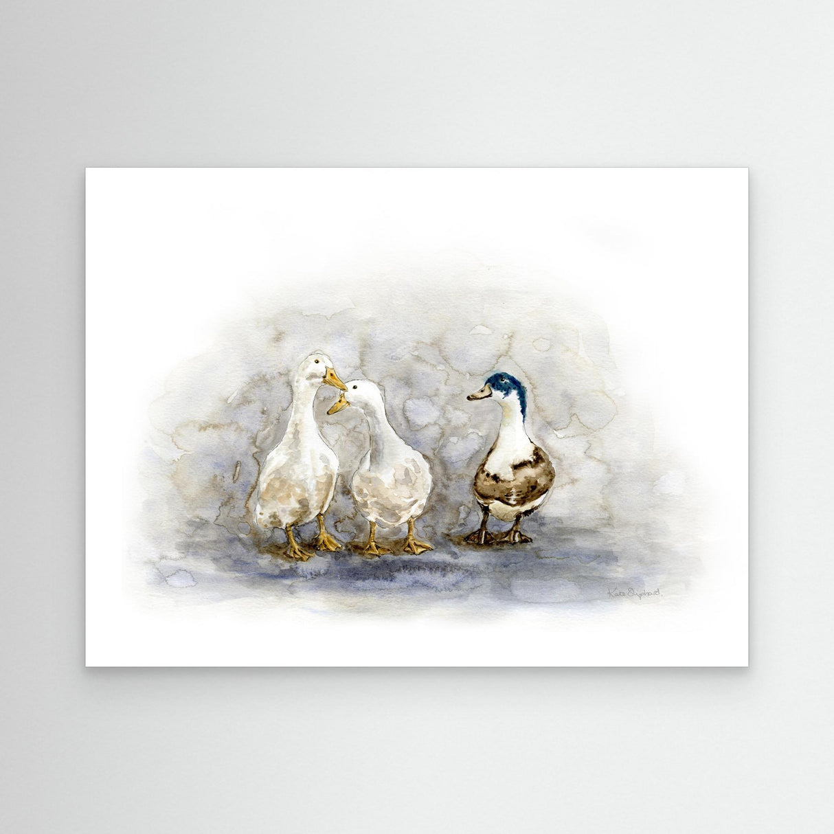 'Feathered Friends' - Canvas ducks print in soft watercolour whites and warm tawny browns, farmhouse wall art country home decor for cottage and countryside inspired homes by Crafty Cow Design.