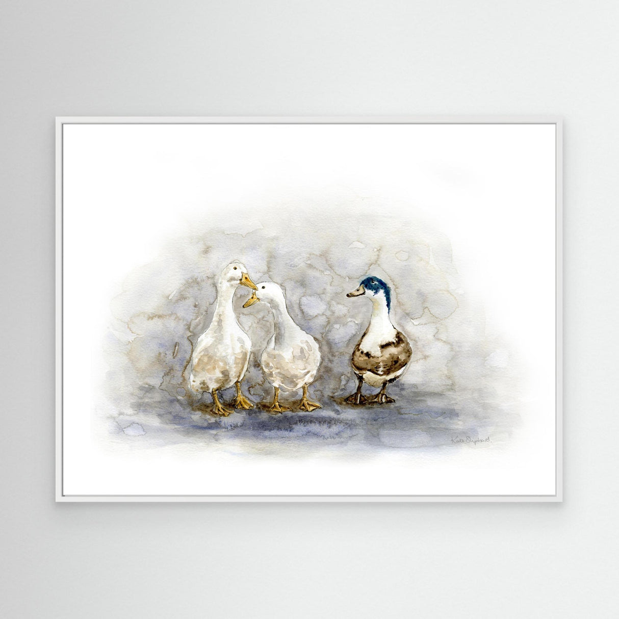 'Feathered Friends' - Canvas ducks print featuring two white ducks and a mallard in soft watercolour tones, wall art country farmhouse wall art by Crafty Cow Design.