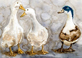 'Feathered Friends' - Close-up detail of canvas ducks print texture in soft cream and jewel-like blue green tones, watercolour birds wall art by Crafty Cow Design.
