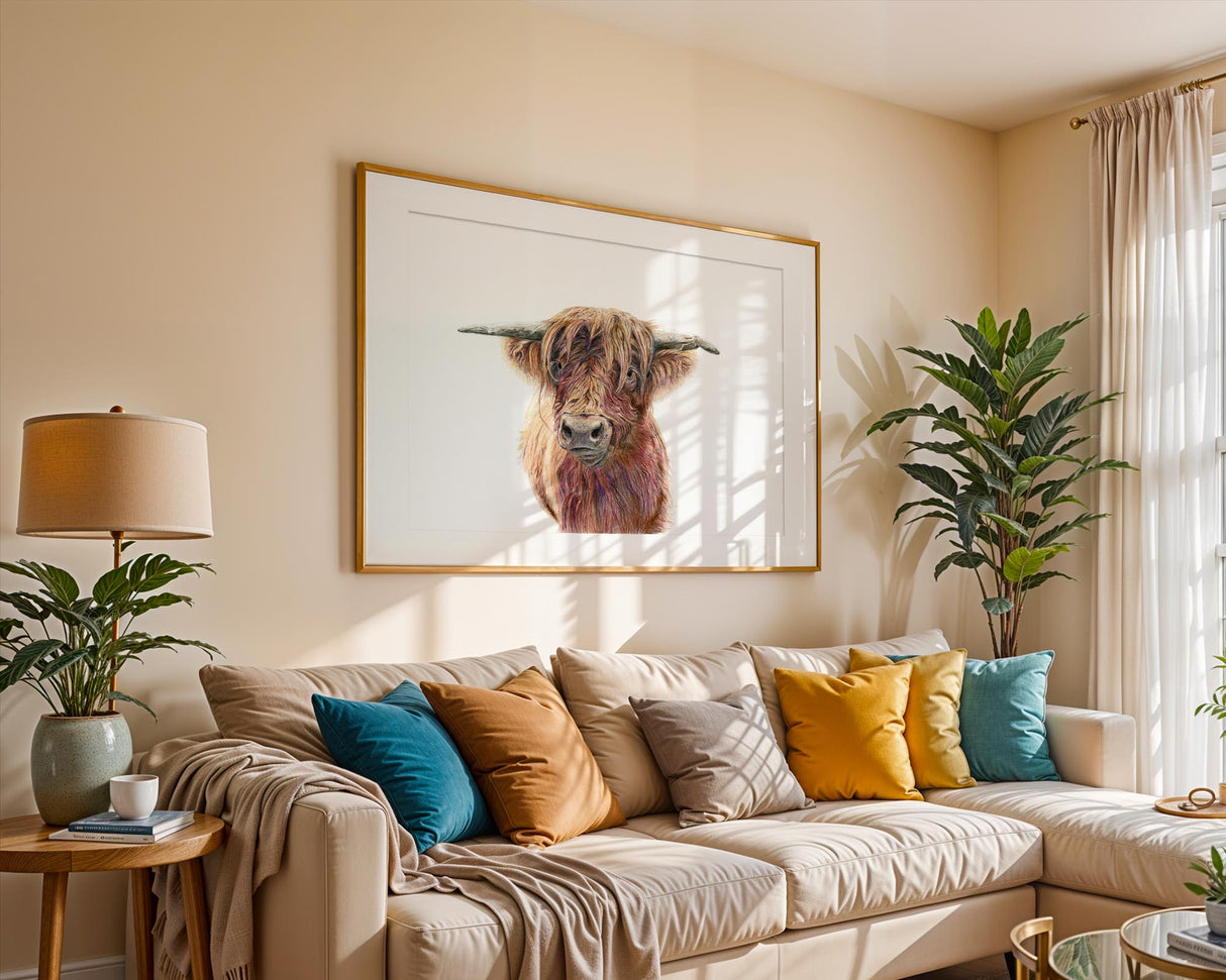 Contemporary coloured pencil portrait of a Scottish Highland cow. 