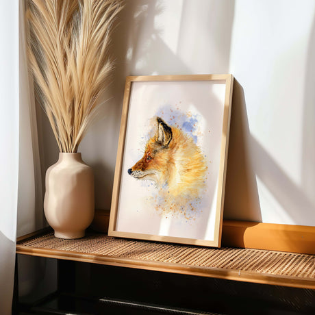 Fox print with soft browns and subtle blue tones, perfect for nature-themed décor. Majestic fox portrait in watercolour, blending warm woodland colours and soft brushwork.