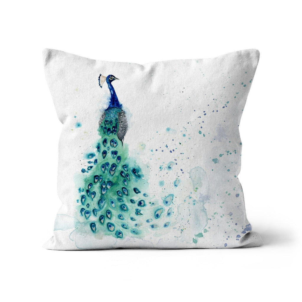 Zip-back watercolour peacock cushion with removable coverm Machine washable watercolour peacock cushion in linen/canvas/faux suede