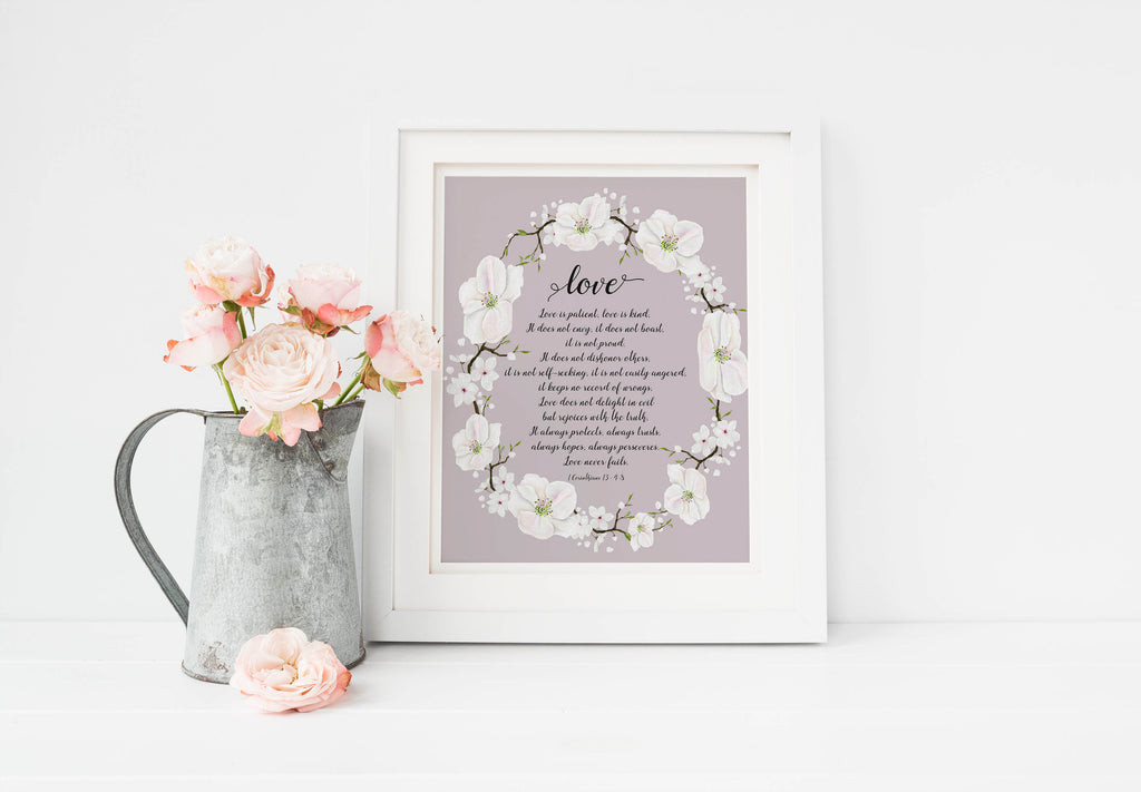 Love is Patient Wall Art, Christian Wedding Gifts, 1 Corinthians 13 Pictures, Floral Bible Verse Print