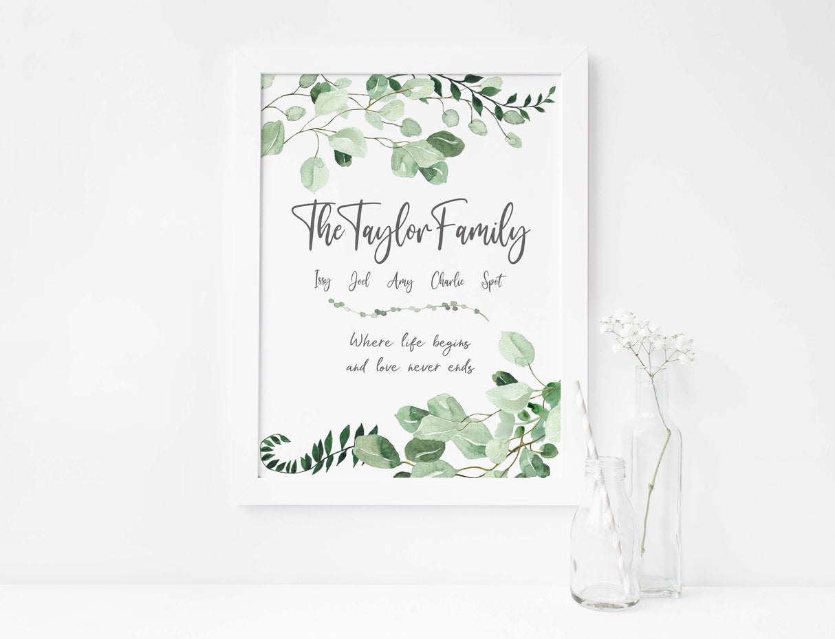 botanical family name wall art, family surname gifts, neutral family name print, new home print, new home gifts