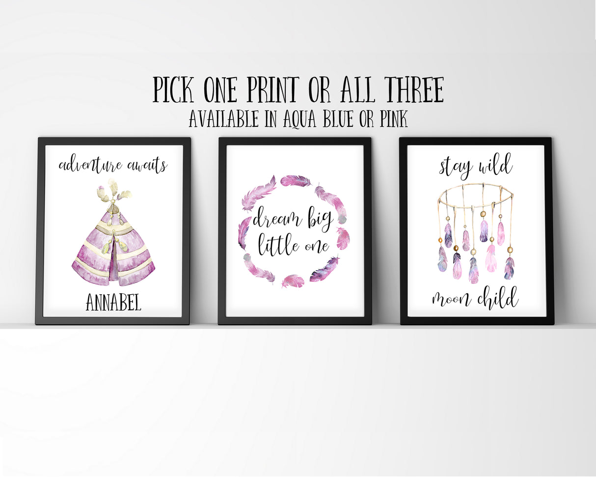 Dream Big Little One, Adventure Awaits, Stay Wild Moon Child, Personalised Nursery Prints, Nursery Print Set