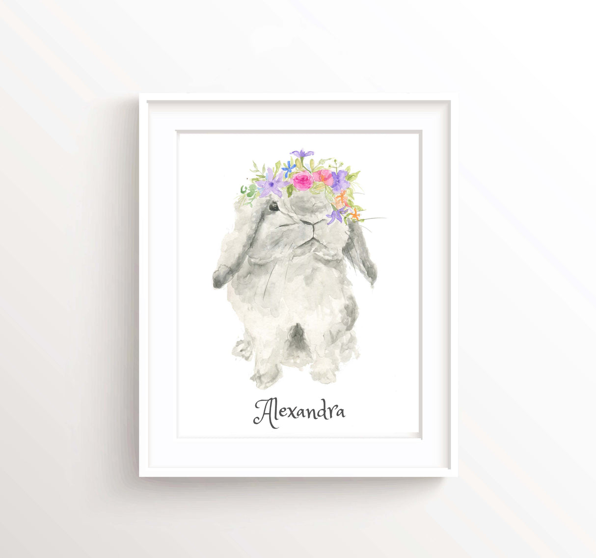 Bunny With Flower Crown Print, Personalised Text Nursery Wall Art, Delicate watercolour grey bunny wearing flower crown - personalize it