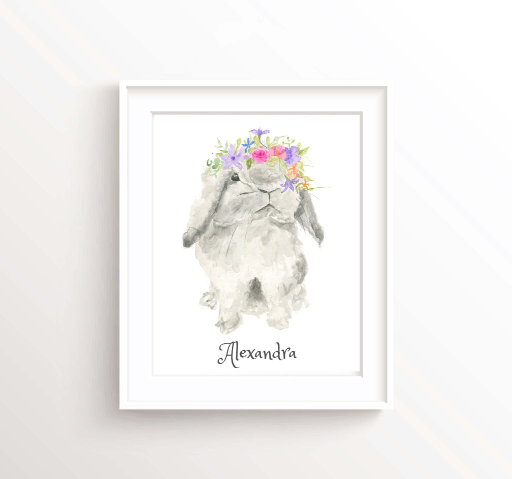 Bunny With Flower Crown Print, Personalised Text Nursery Wall Art, Delicate watercolour grey bunny wearing flower crown - personalize it