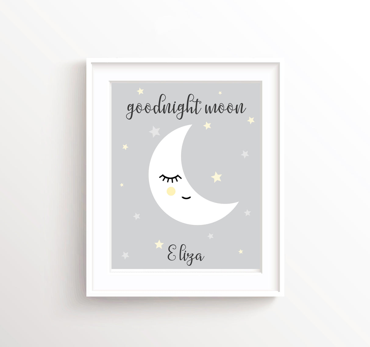 Whimsical Moon Nursery Print, Sleeping Moon Nursery Art with Custom Name, Moon Wall Art for Baby Shower Gift