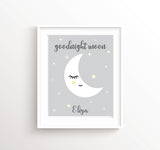 Whimsical Moon Nursery Print, Sleeping Moon Nursery Art with Custom Name, Moon Wall Art for Baby Shower Gift