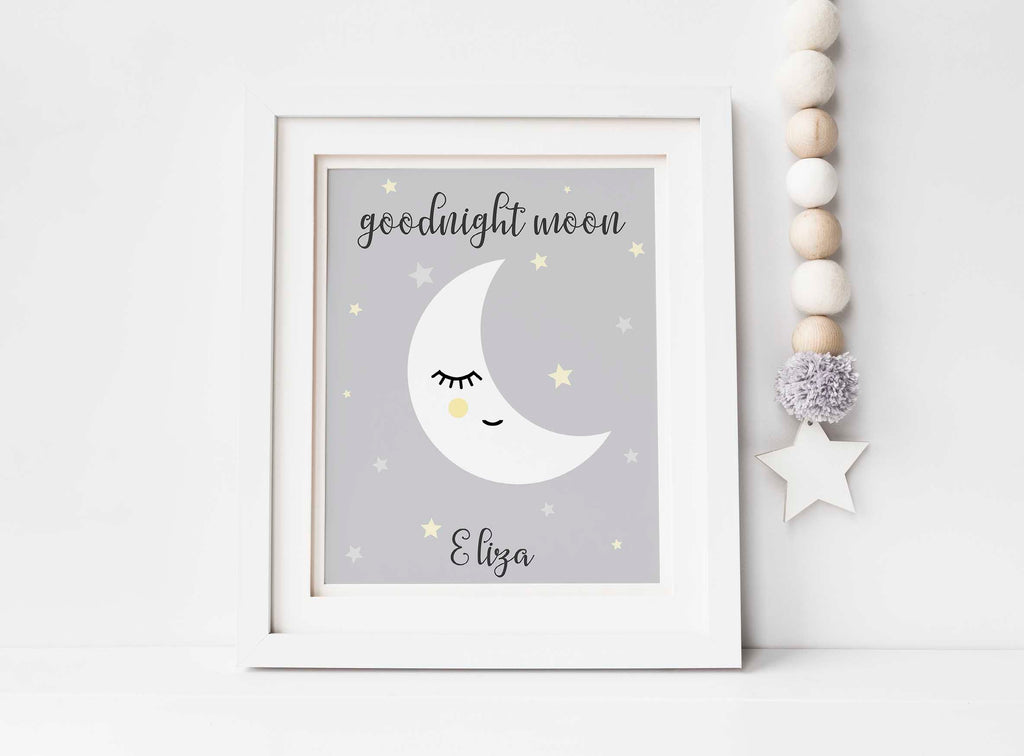Calming Nursery Print with Sleeping Moon, Nursery Wall Art for Newborn Room, Customizable Nursery Art with Sleeping Moon