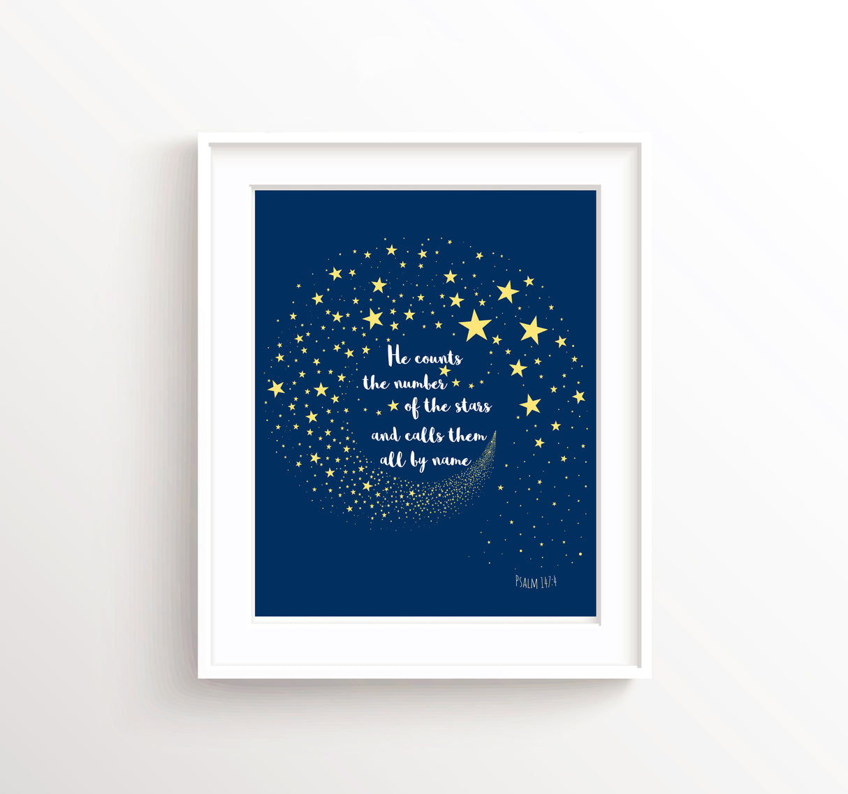 Christian print featuring Psalm 147 verse and starry night sky, Bible verse artwork for wall in blue and white with starry background