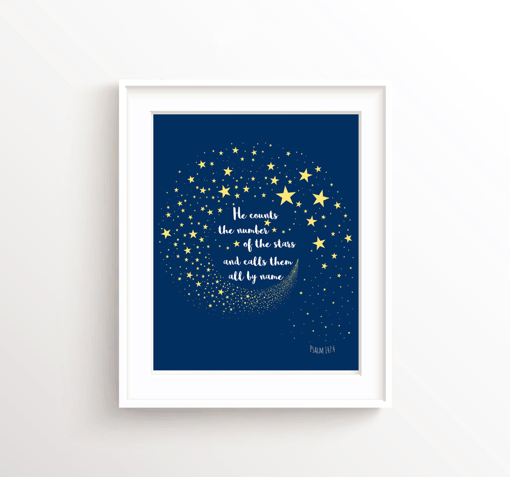 Christian print featuring Psalm 147 verse and starry night sky, Bible verse artwork for wall in blue and white with starry background