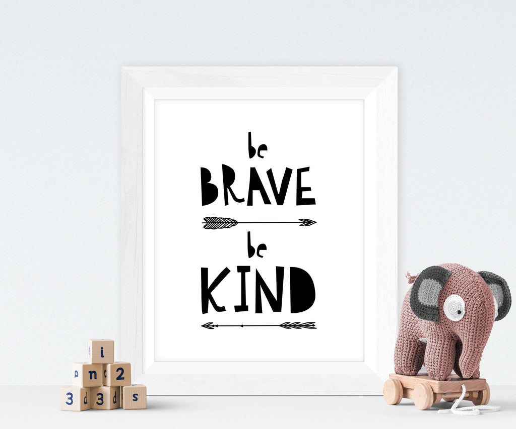 Stylish black and white wall art for boys' nursery: 'Be Brave Be Kind', Boys' room inspiration: 'Be Brave Be Kind' print with arrows