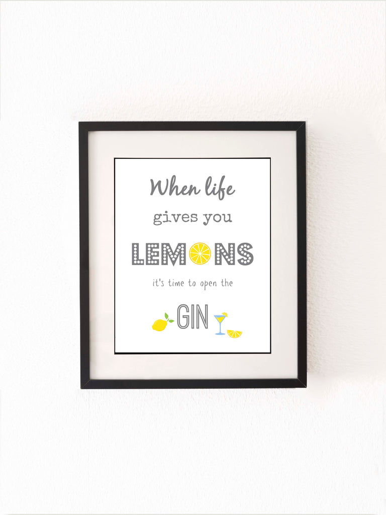 Gin Kitchen Wall Art, Lemons Kitchen Art, Lemon Kitchen Prints, Gin and Tonic Lemons Poster