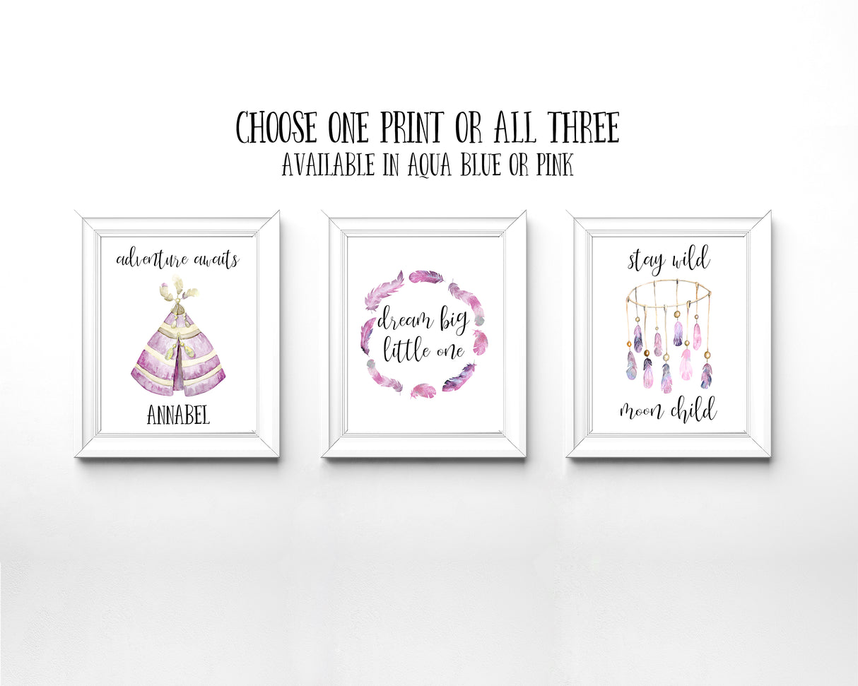 Nursery Quote Prints, Set of 3 Nursery Prints, Adventure Nursery Prints, Tribal Nursery Decor, Dream Catcher Nursery Art