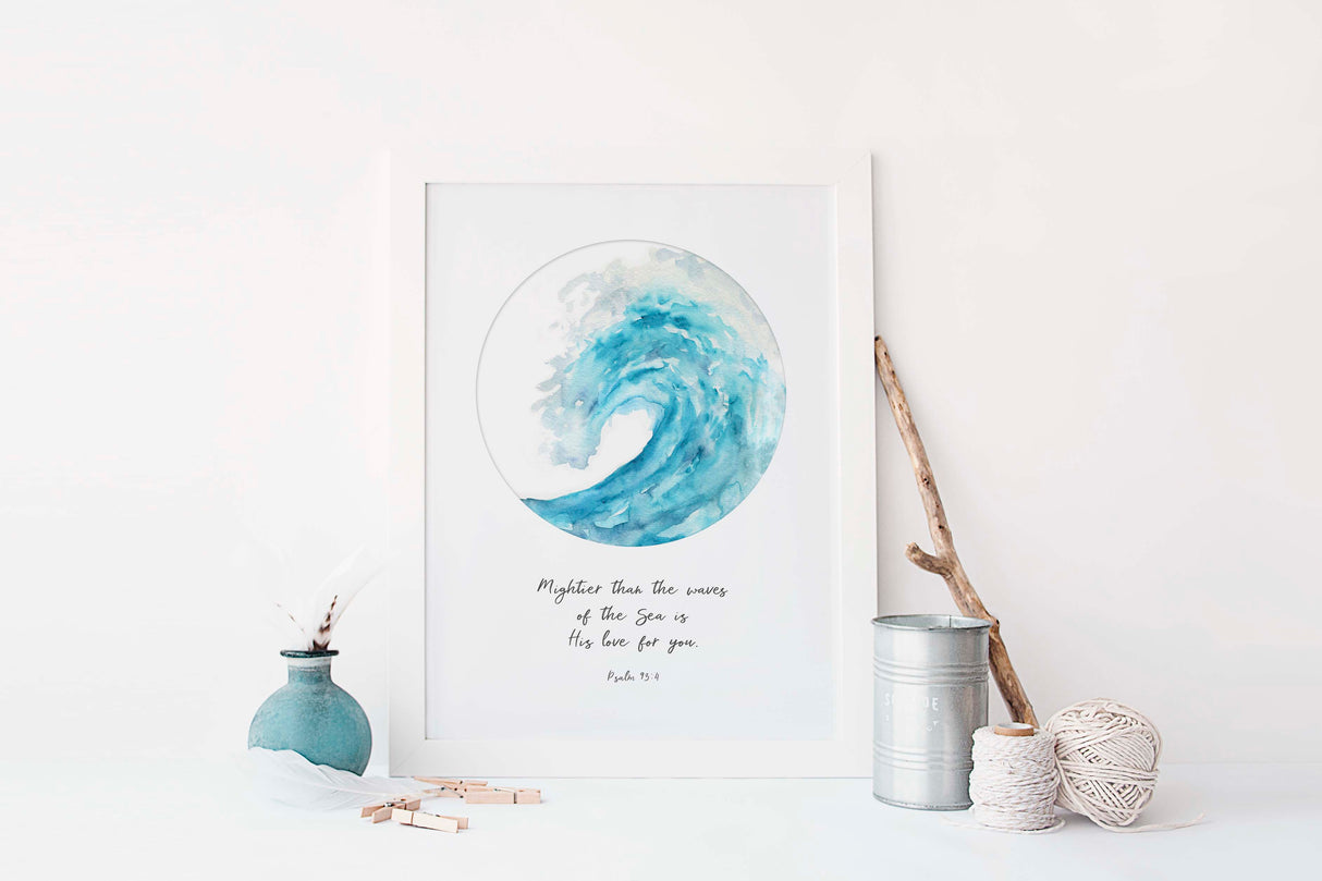 Mightier Than The Waves Bible Verse Print, Psalm 93 Ocean Wall Art, Christian Quotes, Scripture Wall Art Wave Wall Art