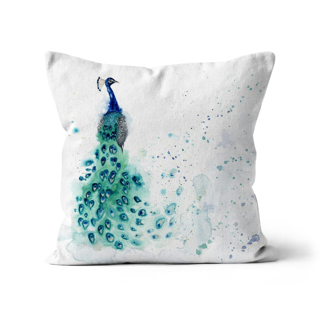 Green/blue/turquoise peacock cushion with removable and washable cover, Watercolour peacock cushion in linen/canvas/faux suede