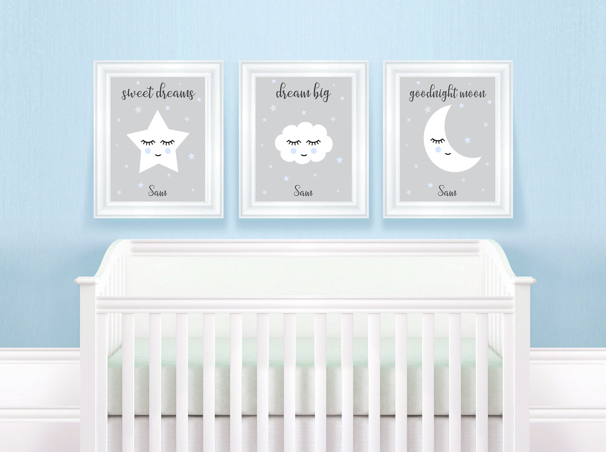 Blue Nursery Decor, set of 3 nursery prints uk, personalised nursery prints, children's prints uk, grey nursery prints