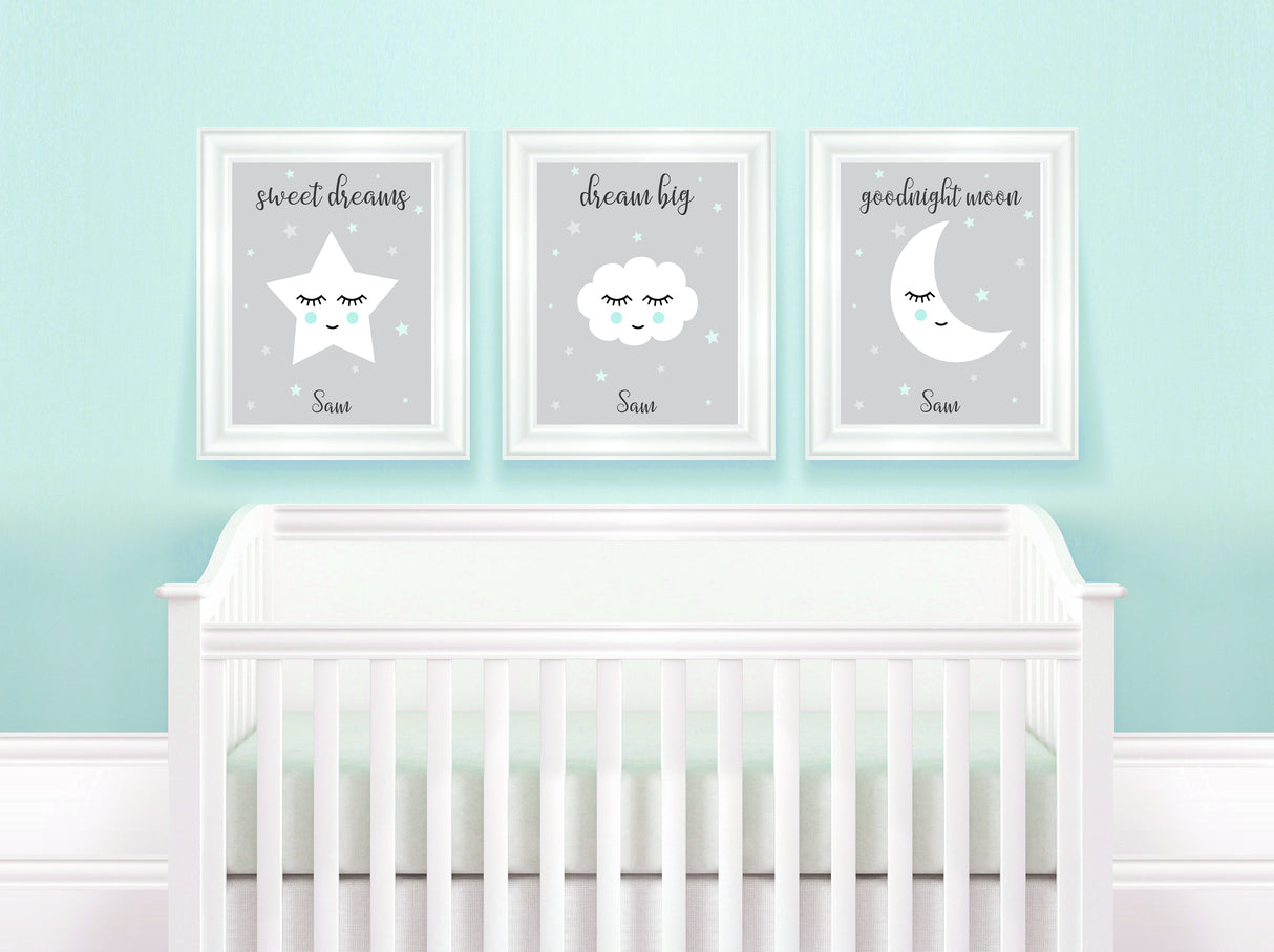 Nursery Art Print Sets, Nursery Quote Prints, set of 3 nursery prints uk, mint nursery decor, mint nursery wall decor